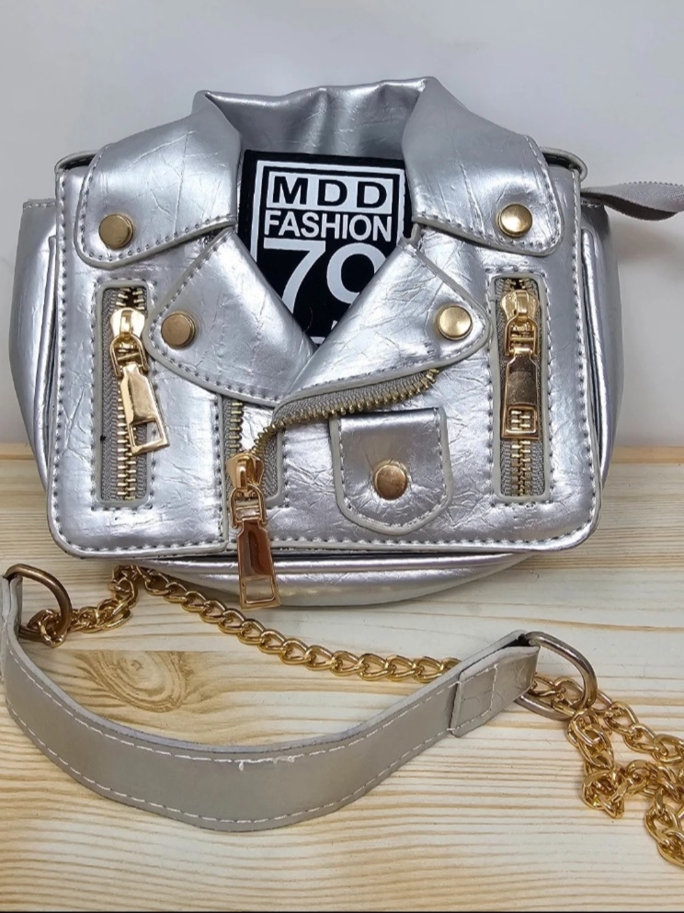 Metallic Silver Moto-Inspired Motorcycle Jacket Crossbody Bag